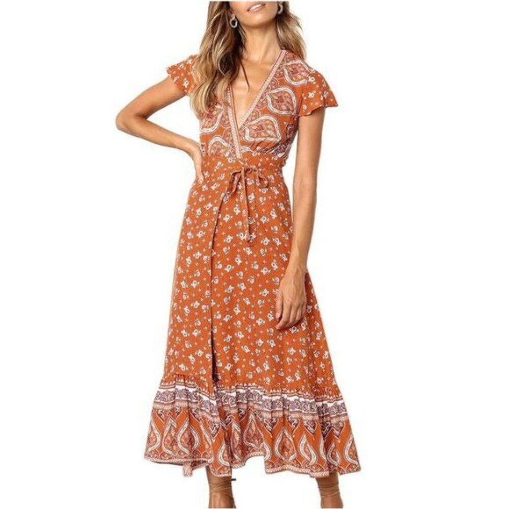 ZESICA Women's XL Bohemian Floral Wrap Maxi Dress Western Festival Cowgirl Boho - Picture 2 of 8